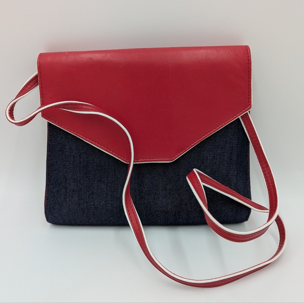 VTG Timothy Hitsman Retro Leather Envelope Crossbody Bag Denim 80s Red Blue